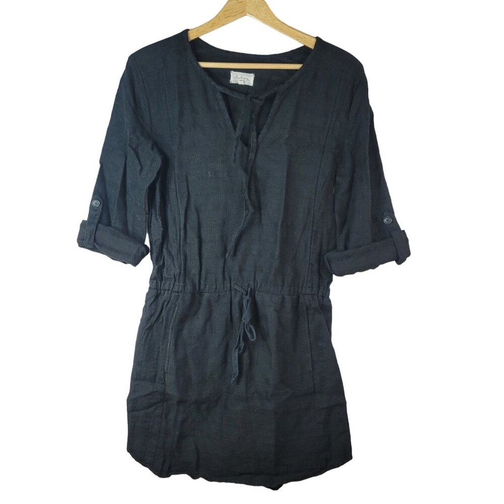 Lou & Grey Mini Dress Black Small 100% Cotton Pocket Roll Tab Lace Up Drawstring